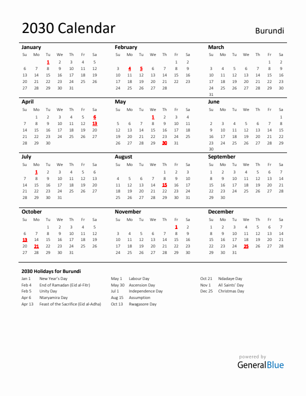 Standard Holiday Calendar for 2030 with Burundi Holidays 