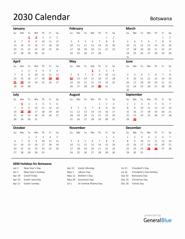 Standard Holiday Calendar for 2030 with Botswana Holidays 