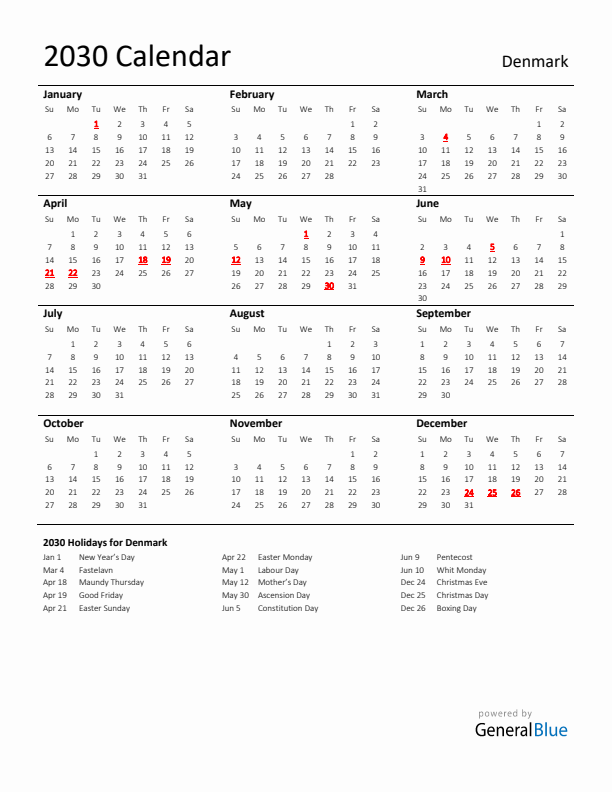 Standard Holiday Calendar for 2030 with Denmark Holidays 