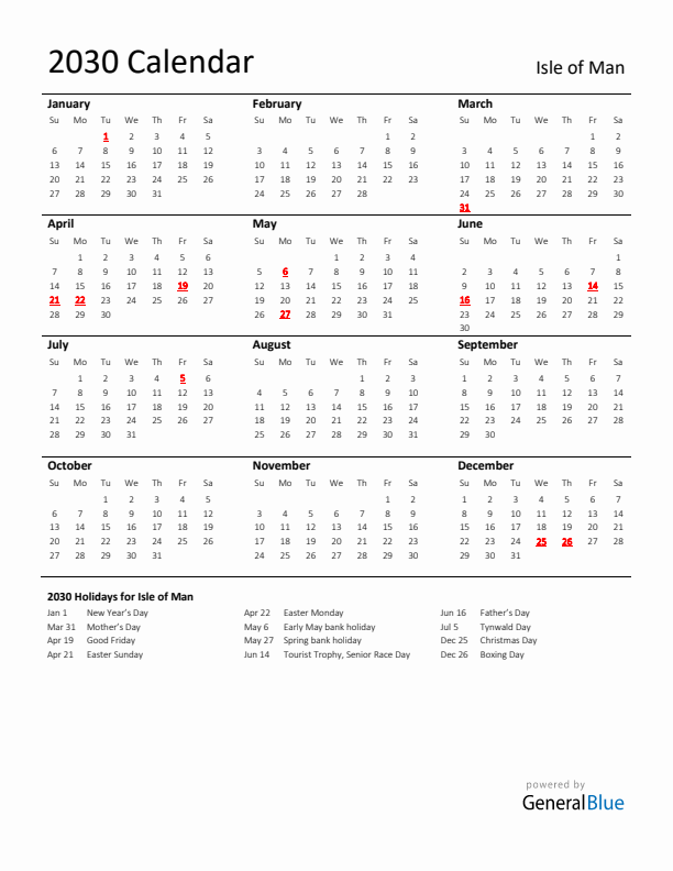 Standard Holiday Calendar for 2030 with Isle of Man Holidays 