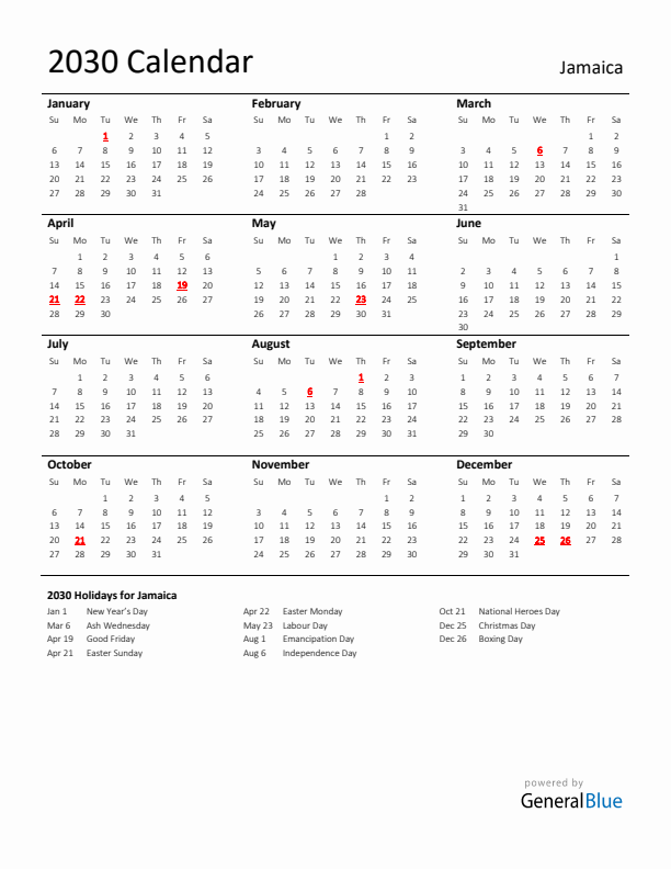 Standard Holiday Calendar for 2030 with Jamaica Holidays 