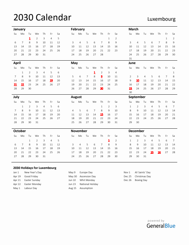 Standard Holiday Calendar for 2030 with Luxembourg Holidays 