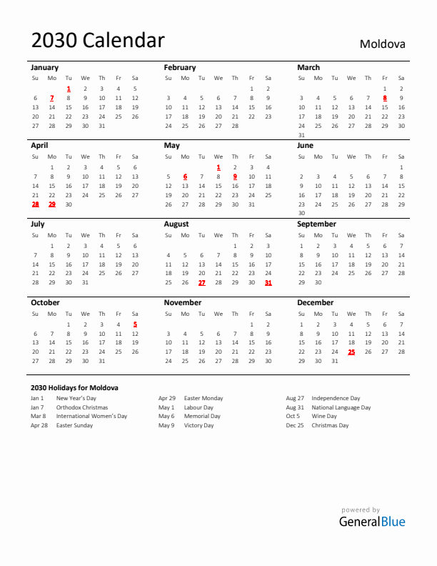 Standard Holiday Calendar for 2030 with Moldova Holidays 