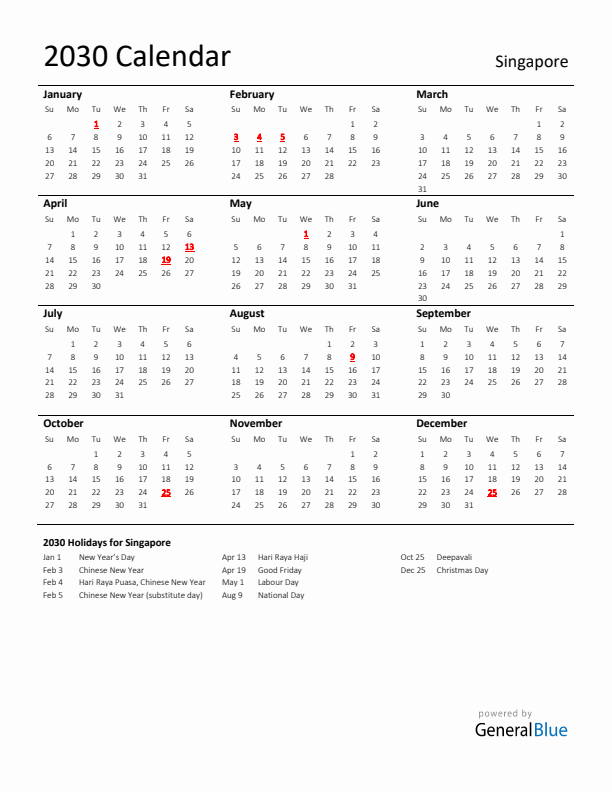 Standard Holiday Calendar for 2030 with Singapore Holidays 