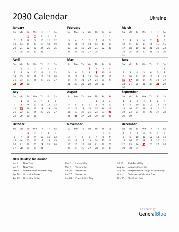 Standard Holiday Calendar for 2030 with Ukraine Holidays 