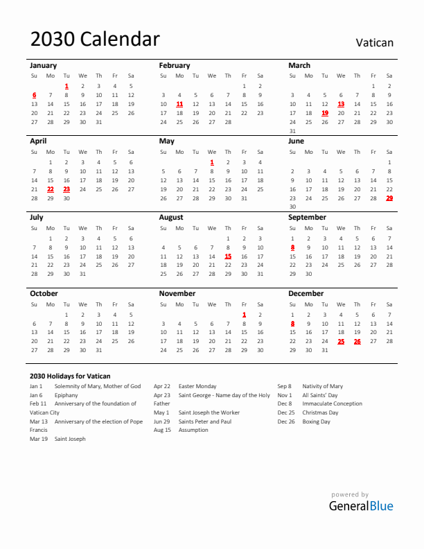 Standard Holiday Calendar for 2030 with Vatican Holidays 