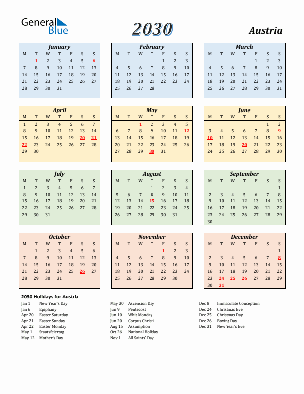 Austria Calendar 2030 with Monday Start