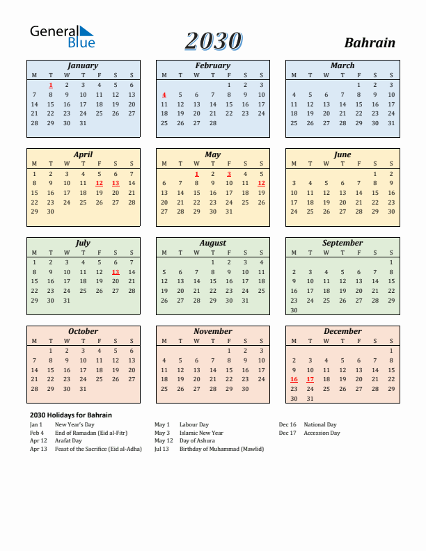 Bahrain Calendar 2030 with Monday Start