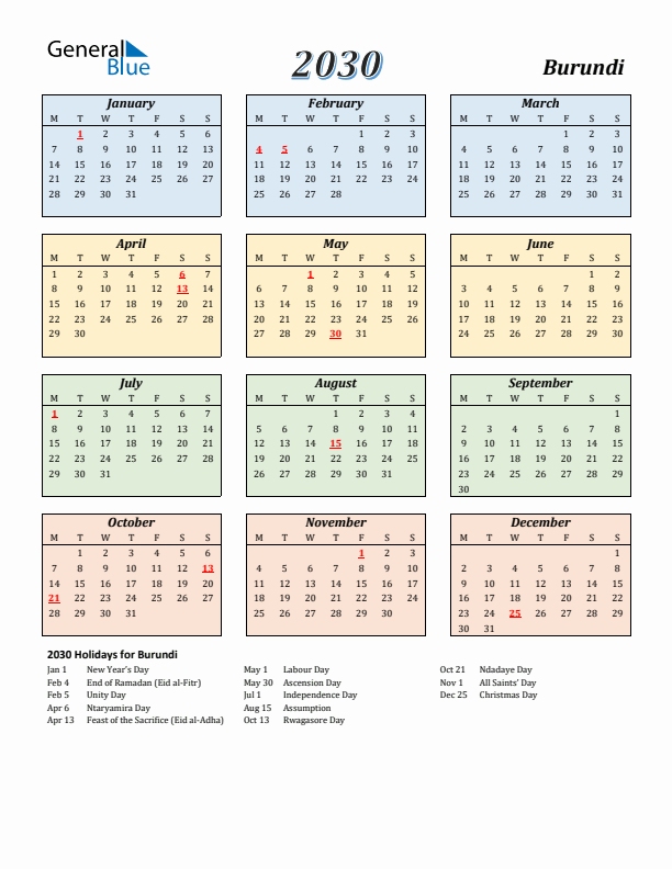 Burundi Calendar 2030 with Monday Start