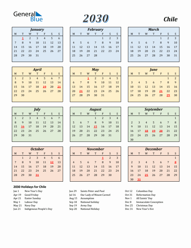 Chile Calendar 2030 with Monday Start