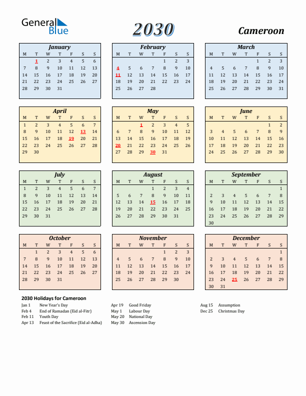 Cameroon Calendar 2030 with Monday Start