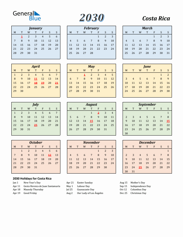 Costa Rica Calendar 2030 with Monday Start