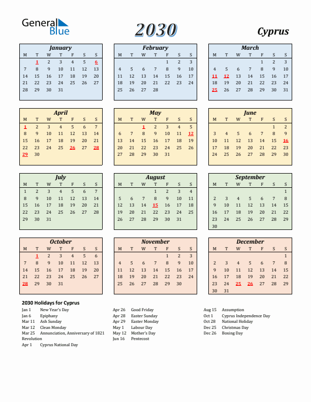 Cyprus Calendar 2030 with Monday Start