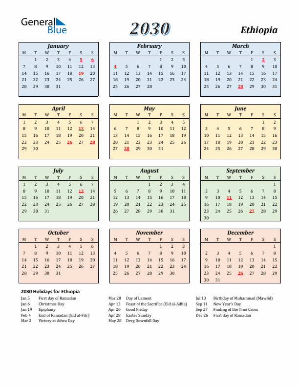 Ethiopia Calendar 2030 with Monday Start