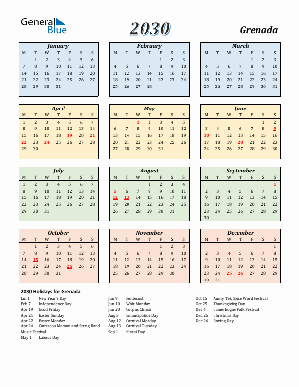 Grenada Calendar 2030 with Monday Start