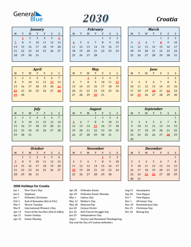 Croatia Calendar 2030 with Monday Start