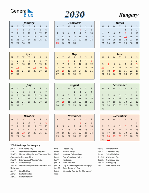 Hungary Calendar 2030 with Monday Start