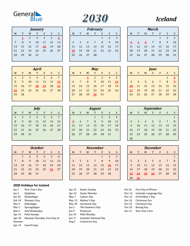 Iceland Calendar 2030 with Monday Start