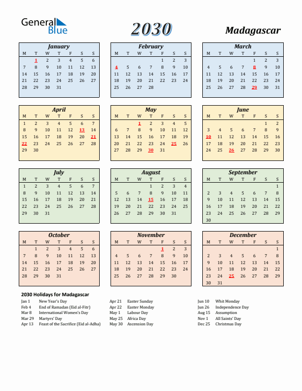 Madagascar Calendar 2030 with Monday Start