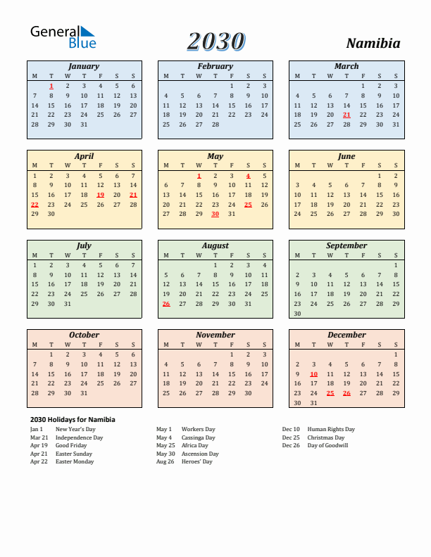 Namibia Calendar 2030 with Monday Start