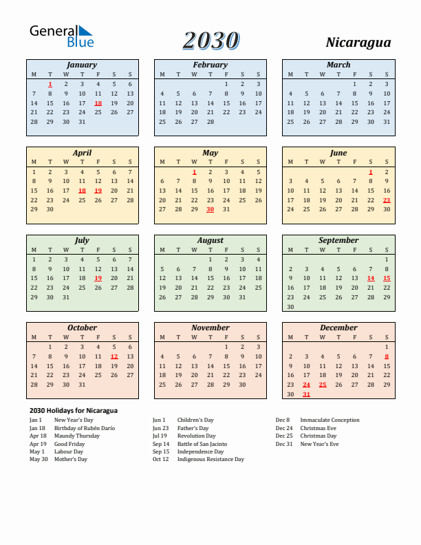 Nicaragua Calendar 2030 with Monday Start