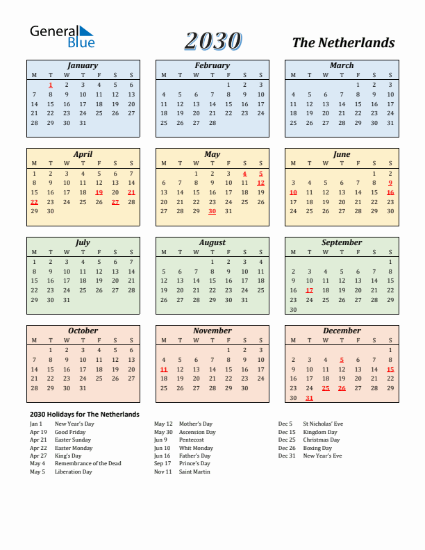 The Netherlands Calendar 2030 with Monday Start