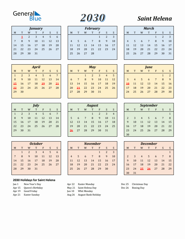 Saint Helena Calendar 2030 with Monday Start