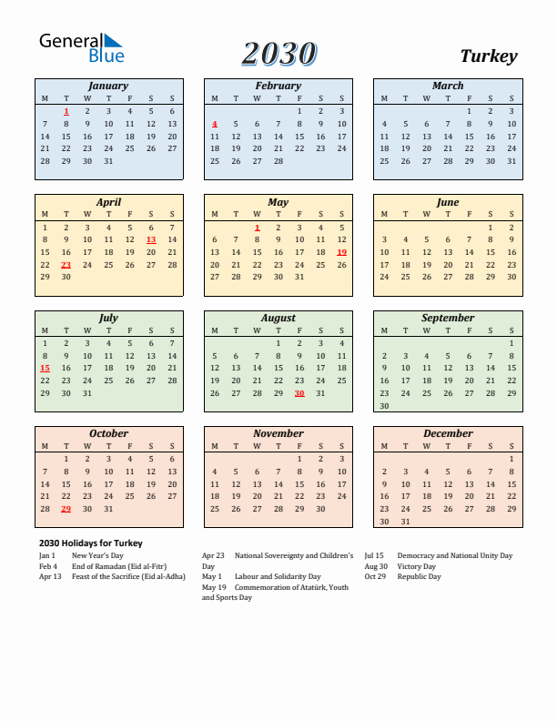 Turkey Calendar 2030 with Monday Start