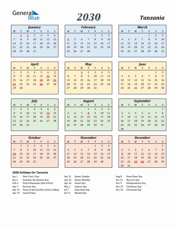 Tanzania Calendar 2030 with Monday Start