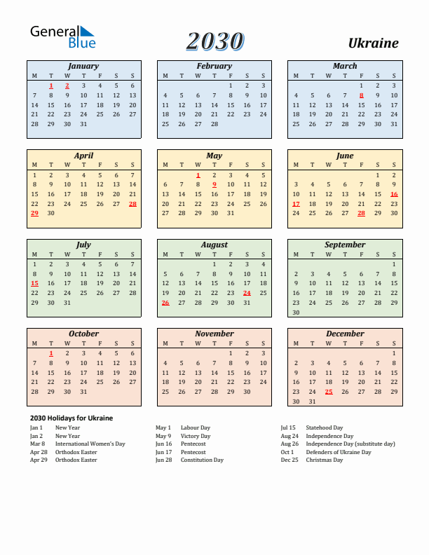 Ukraine Calendar 2030 with Monday Start