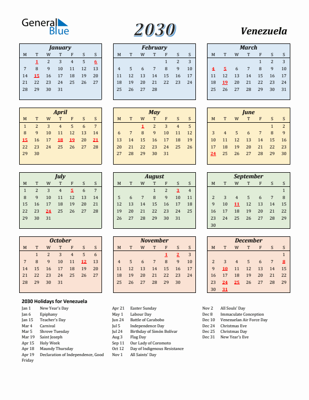 Venezuela Calendar 2030 with Monday Start