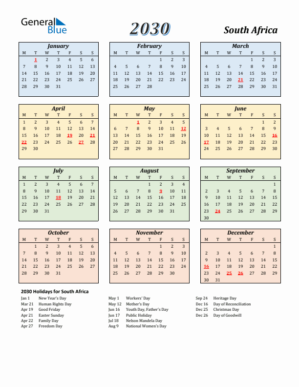 South Africa Calendar 2030 with Monday Start