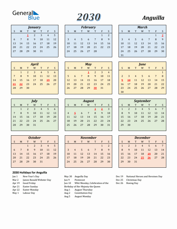 Anguilla Calendar 2030 with Sunday Start