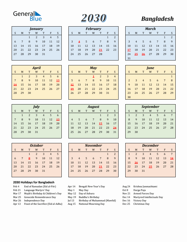 Bangladesh Calendar 2030 with Sunday Start