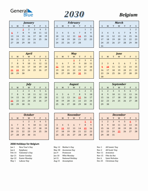 Belgium Calendar 2030 with Sunday Start