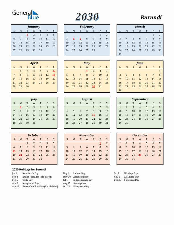 Burundi Calendar 2030 with Sunday Start