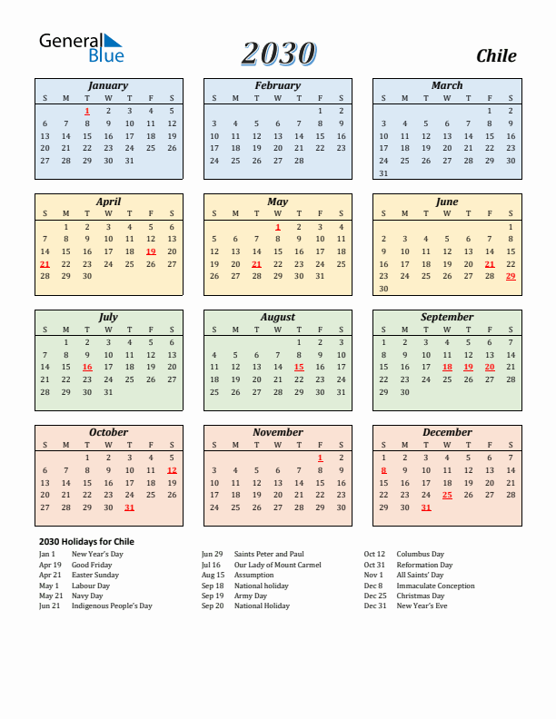 Chile Calendar 2030 with Sunday Start