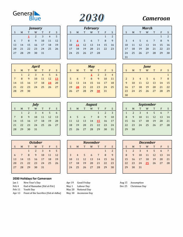 Cameroon Calendar 2030 with Sunday Start