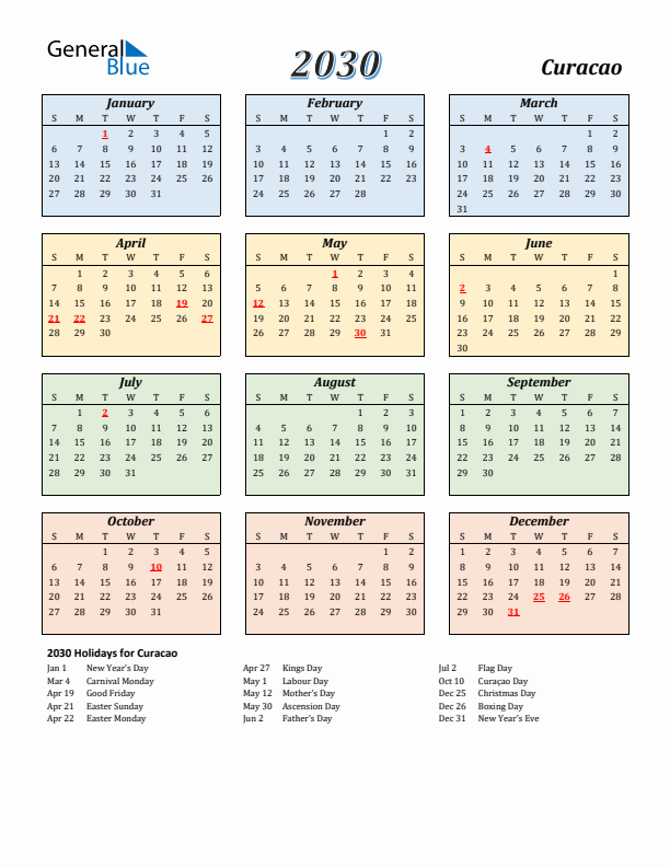 Curacao Calendar 2030 with Sunday Start