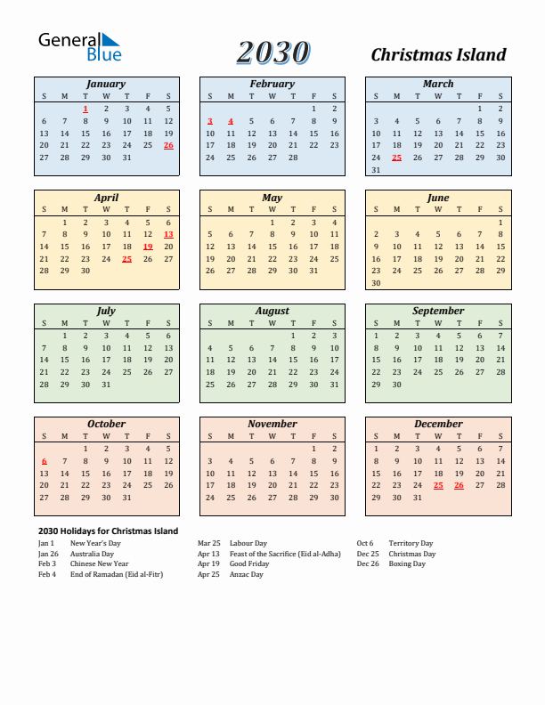 Christmas Island Calendar 2030 with Sunday Start