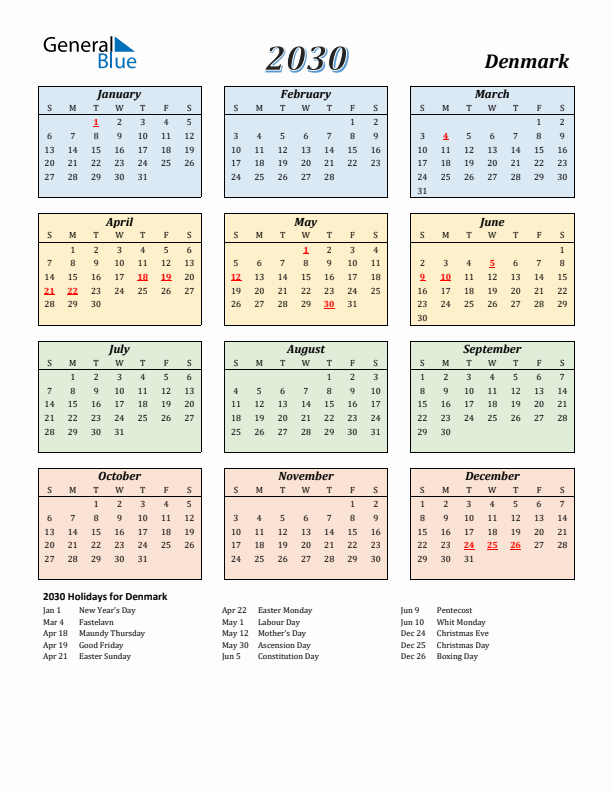 Denmark Calendar 2030 with Sunday Start