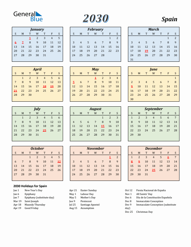 Spain Calendar 2030 with Sunday Start