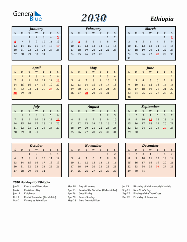 Ethiopia Calendar 2030 with Sunday Start