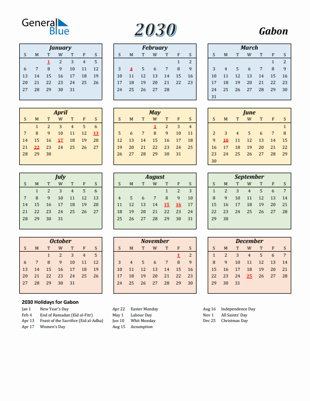 Gabon Calendar 2030 with Sunday Start