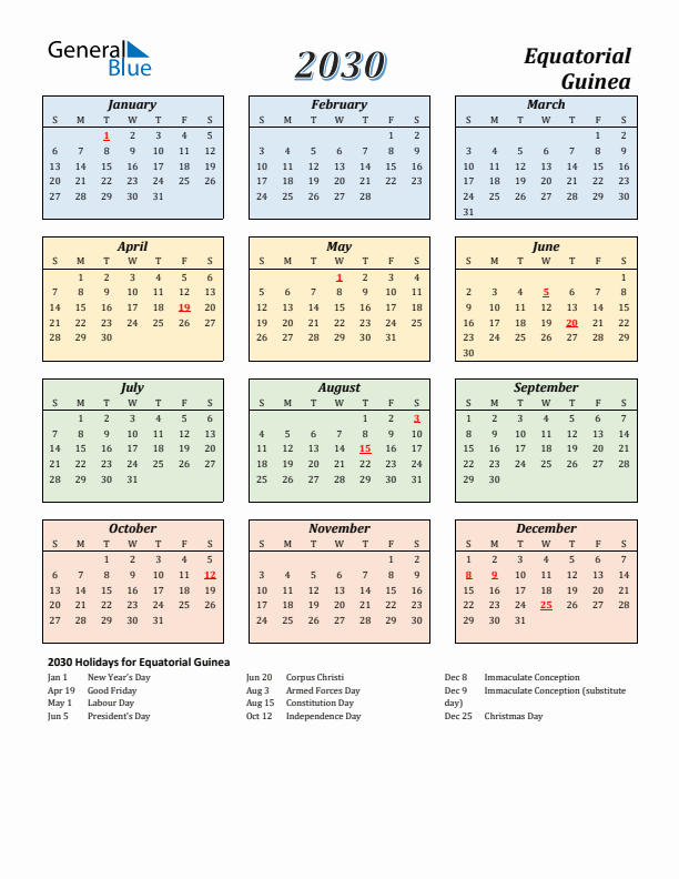 Equatorial Guinea Calendar 2030 with Sunday Start