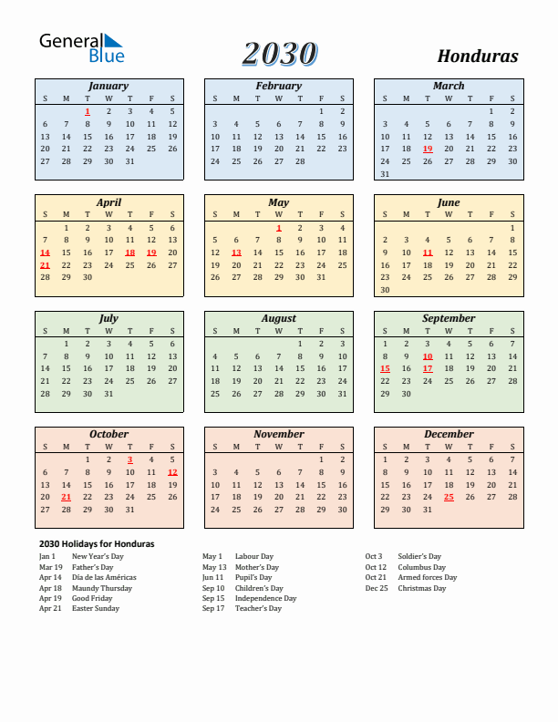 Honduras Calendar 2030 with Sunday Start