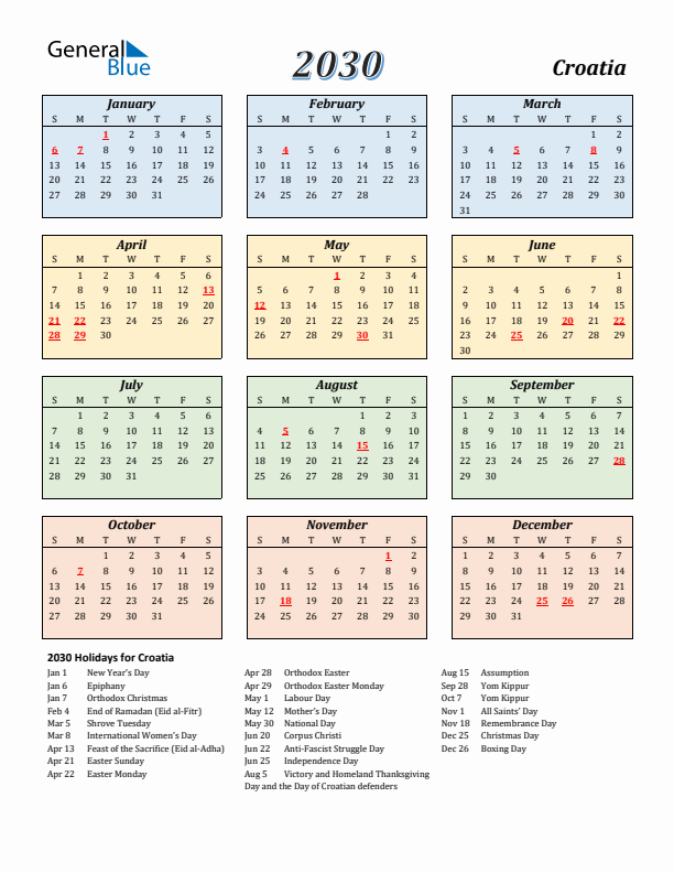 Croatia Calendar 2030 with Sunday Start