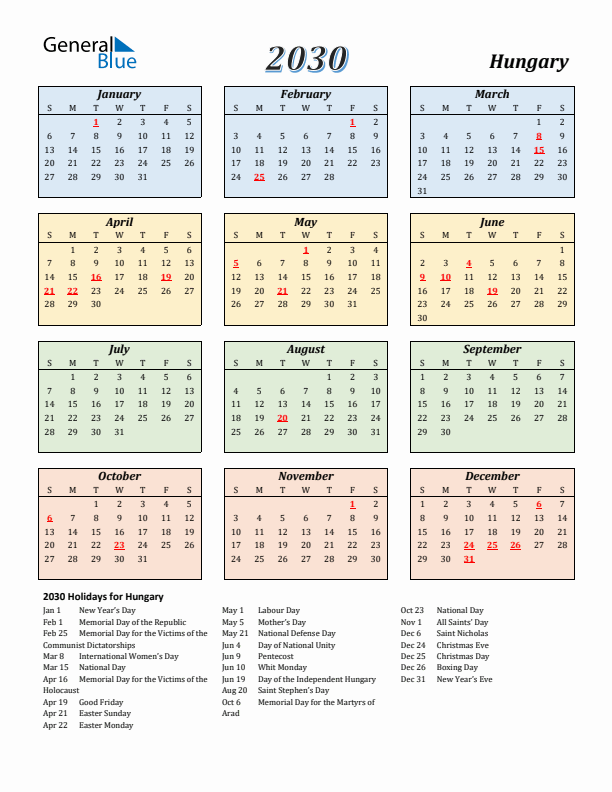 Hungary Calendar 2030 with Sunday Start