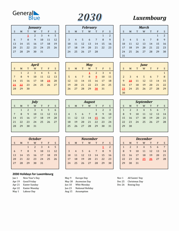 Luxembourg Calendar 2030 with Sunday Start