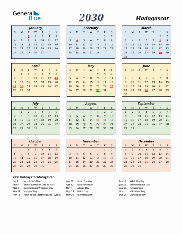 Madagascar Calendar 2030 with Sunday Start